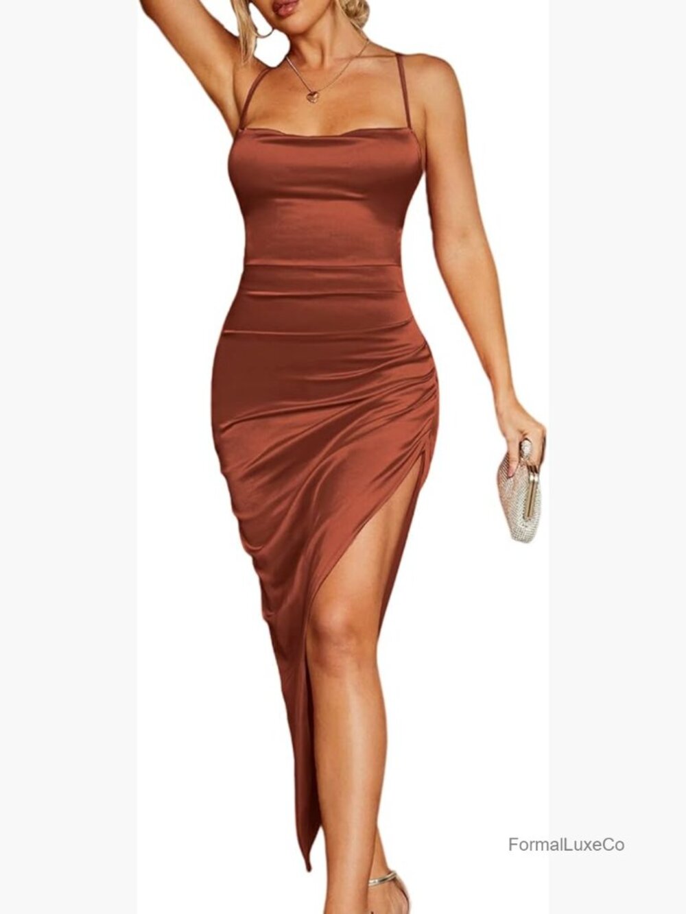 Satin Midi Dress Backless Lace Up Ruched High Slit Bodycon Cocktail Party